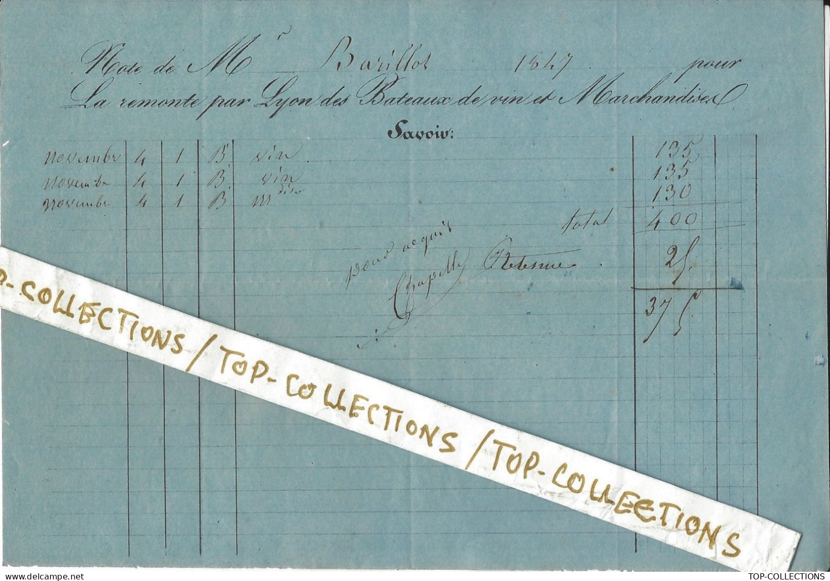 1847  NAVIGATION FLUVIALE SUR LE RHONE  TRANSPORT PAR BATEAU REMONTE Par  LYON DES BATEAUX DE VIN & MARCHANDISES - 1800 – 1899