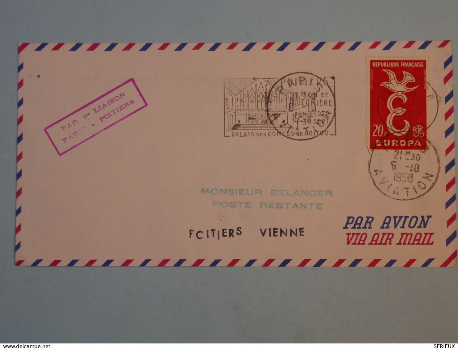 BT2 FRANCE  BELLE LETTRE  1958 1ERE LIAISON PARIS POITIERS A VIENNE + AFF. PLAISANT+++ - 1927-1959 Covers & Documents