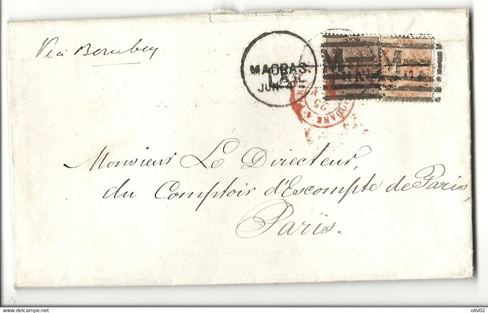 INDE ANGLAISE - YT21 + YT22 Sur Lettre De MADRAS Pour LA FRANCE. Ambulant Modane à Paris RR (cote 420e) - 1858-79 Compañia Británica Y Gobierno De La Reina