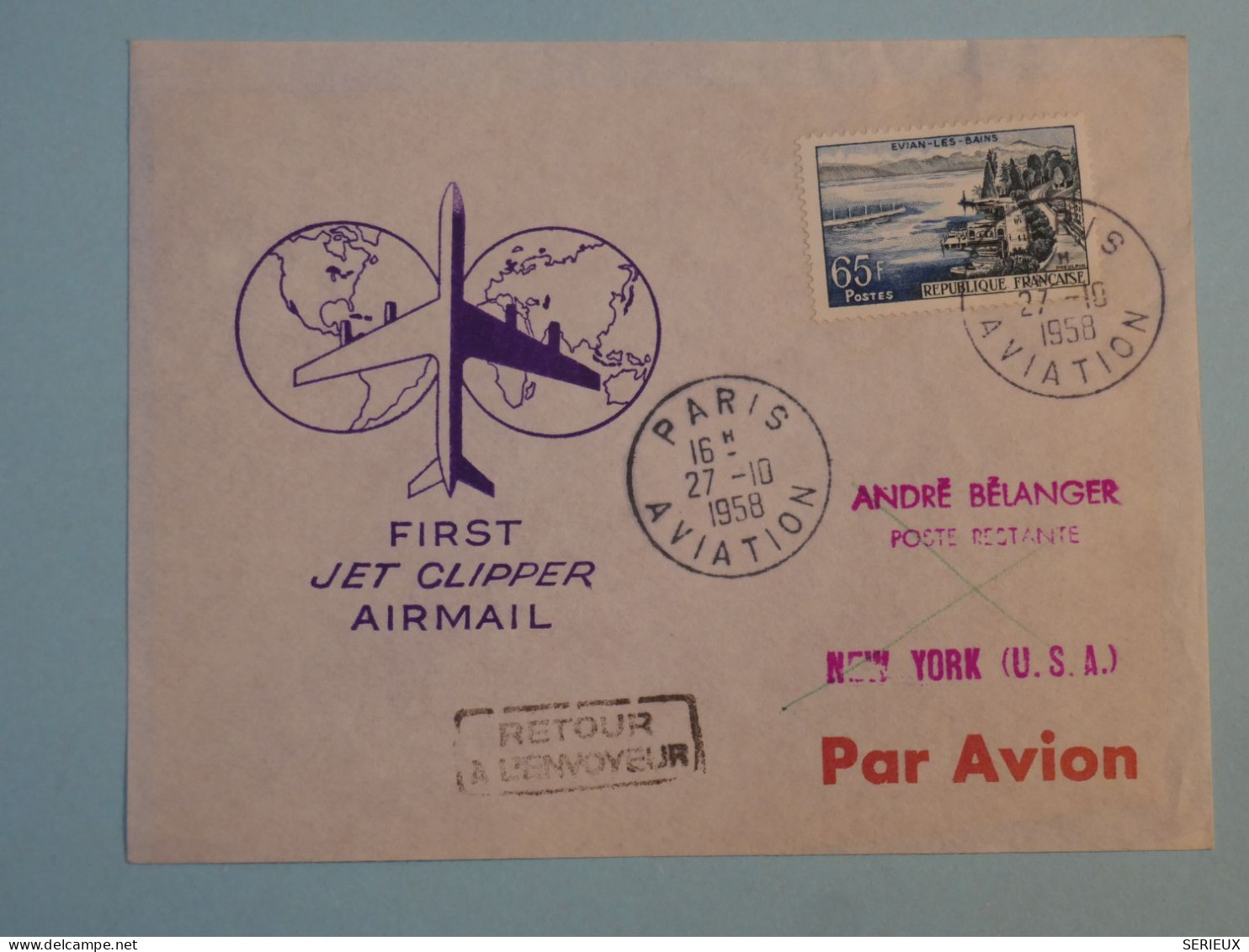 BT2 FRANCE  BELLE LETTRE  1958 1ER LIAISON  PARIS A NEW YORK USA + AFF. PLAISANT+++ - Premiers Vols