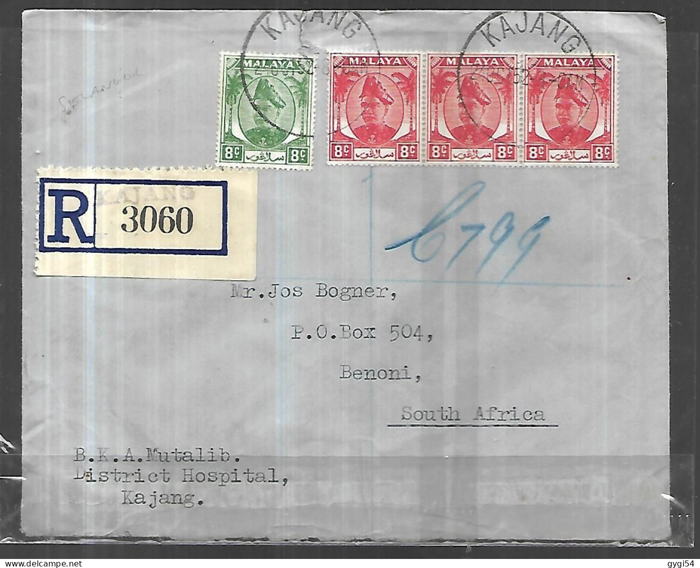 MALAISIE Lettre Recommandée Du 25 Oct 1952 De KAJANG Pour BENONI ( Afrique Du Sud ) Arrivée 15 1911 - Malaya (British Military Administration)