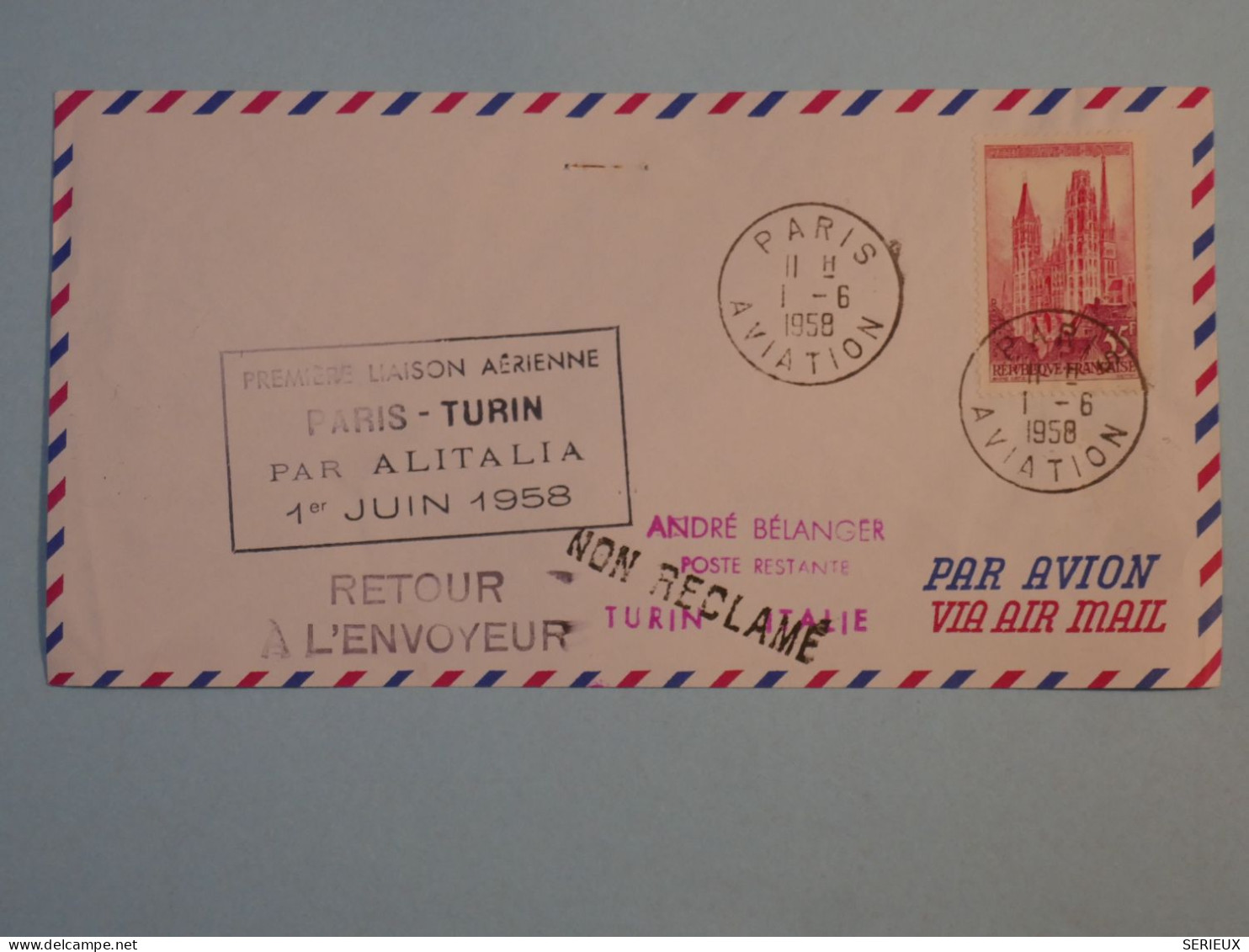BT2 FRANCE  BELLE LETTRE  1958 1ER LIAISON  PARIS A TURIN ITALIA  + AFF. PLAISANT+++ - Premiers Vols