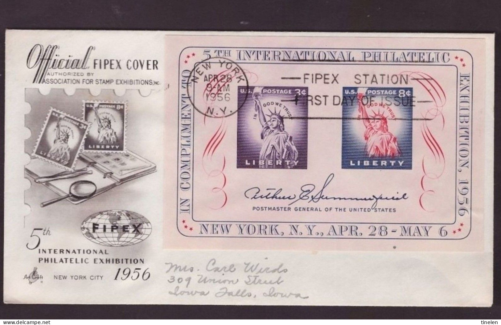28 4 1956-BUSTA UFFICIALE 5a ESPOSIZIONE FILATELICA INTERNAZ.FIPEX A NEW YORK (FOGLIETTO) - Other & Unclassified