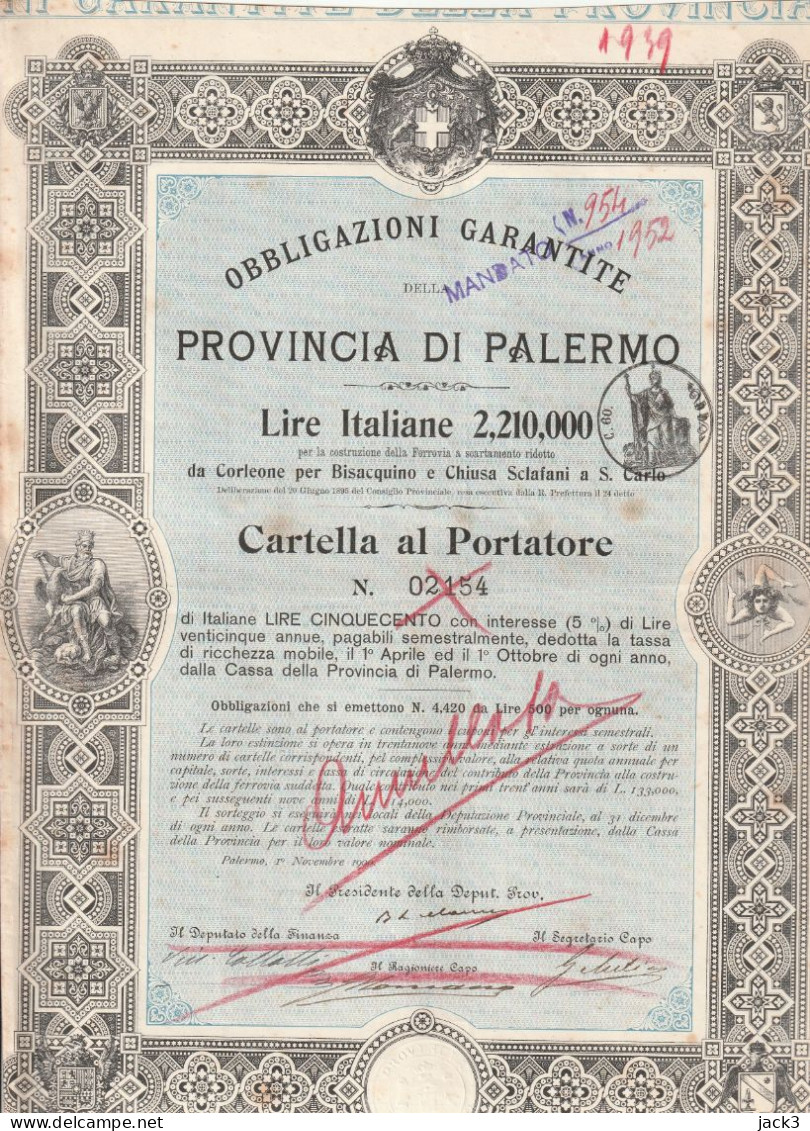 OBBLIGAZIONI - PROVINCIA DI PALERMO - COSTRUZIONE FERROVIA CORLEONE, BISACQUINO, CHIUSA SCLAFANI - Trasporti