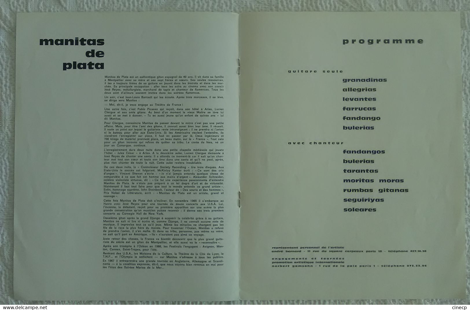 PROGRAMME ORIGINAL ANCIEN MANITAS DE PLATA GUITARISTE Publicité Philips Photo Lucien Clergue - Accessoires, Pochettes & Cartons