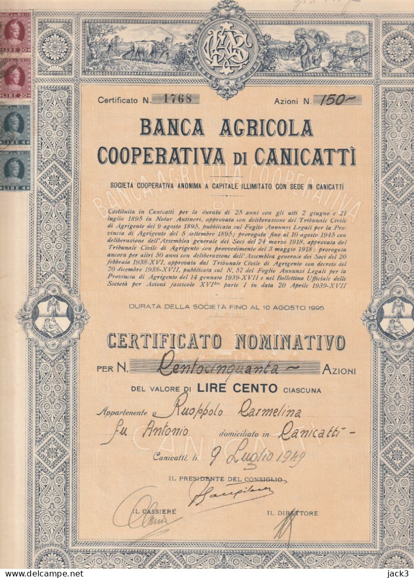 AZIONI - BANCA AGRICOLA COOPERATIVA DI CANICATTI - Agriculture