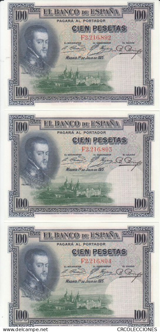 CRBS0757 TRIO BILLETES ESPAÑA 100 PESETAS 1925 SIN CIRCULAR - 100 Peseten