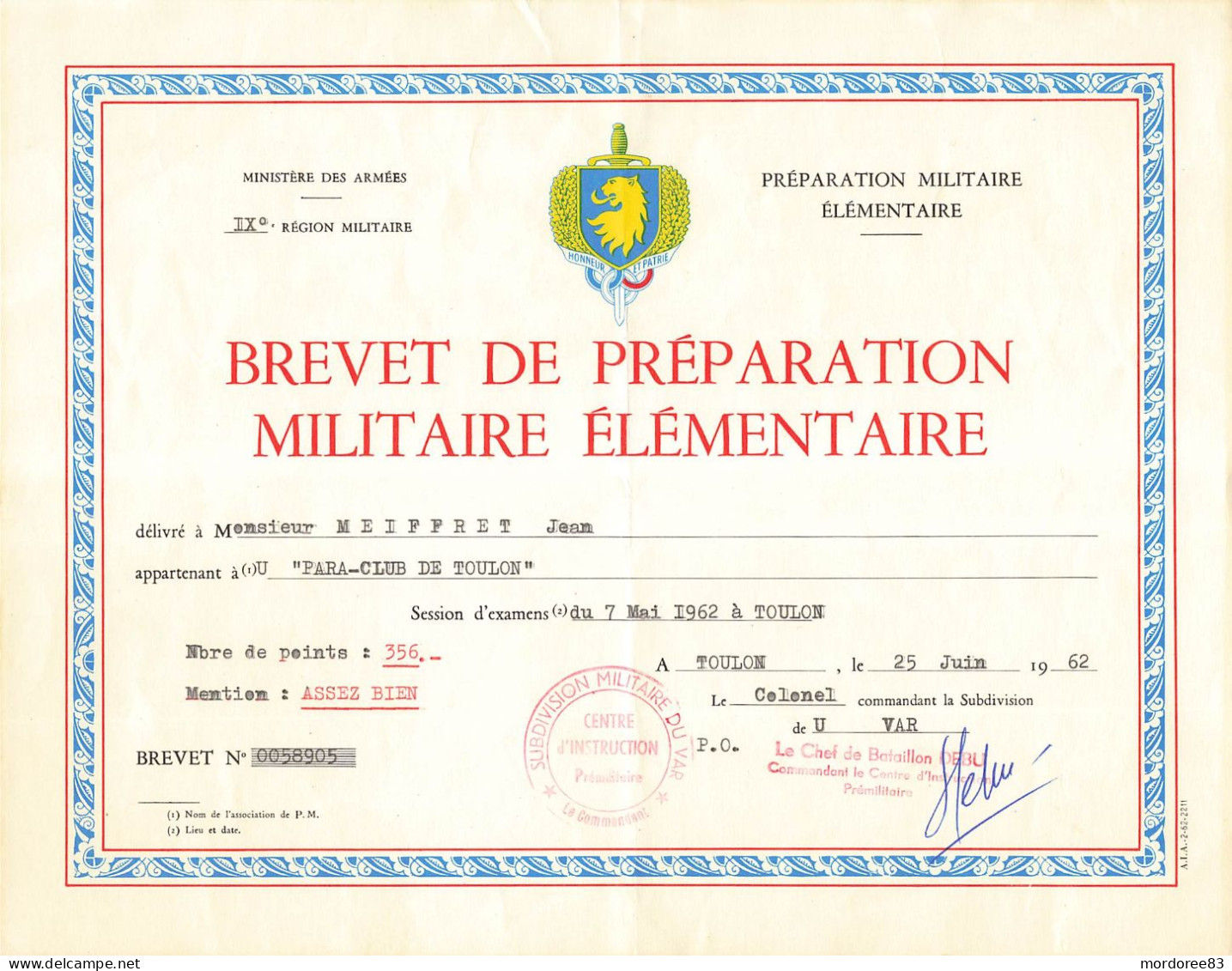 Brevet De Preparation Militaire Toulon 1962 - Documents