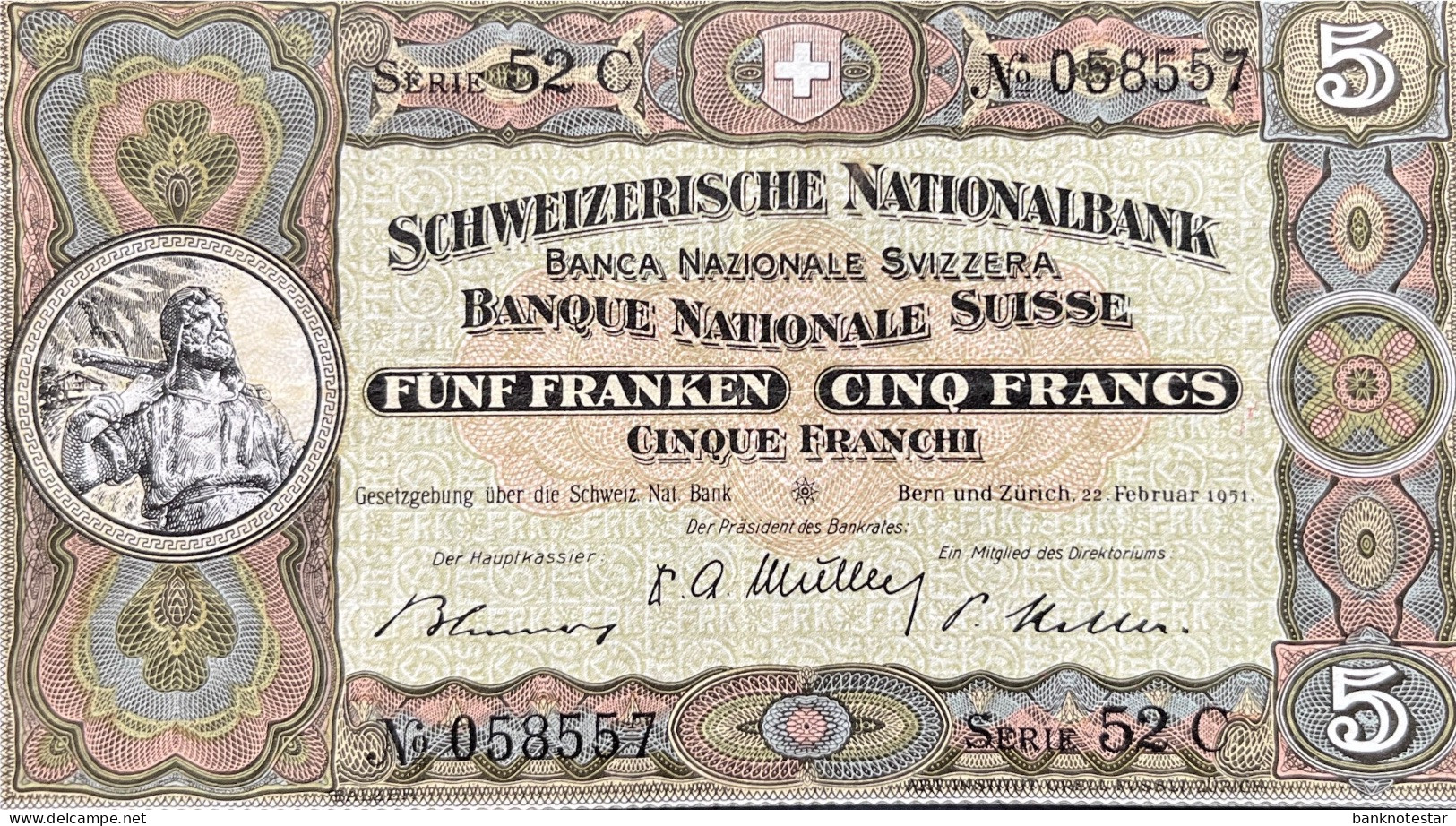 Switzerland 5 Franken, P-11o (22.02.1951) - Very Fine Plus - Signature 33 - Wilhelm Tell Banknote - Suiza