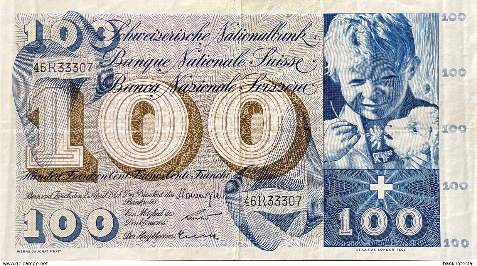 Switzerland 100 Franken, P-49f (02.04.1964) - Very Fine - Suisse