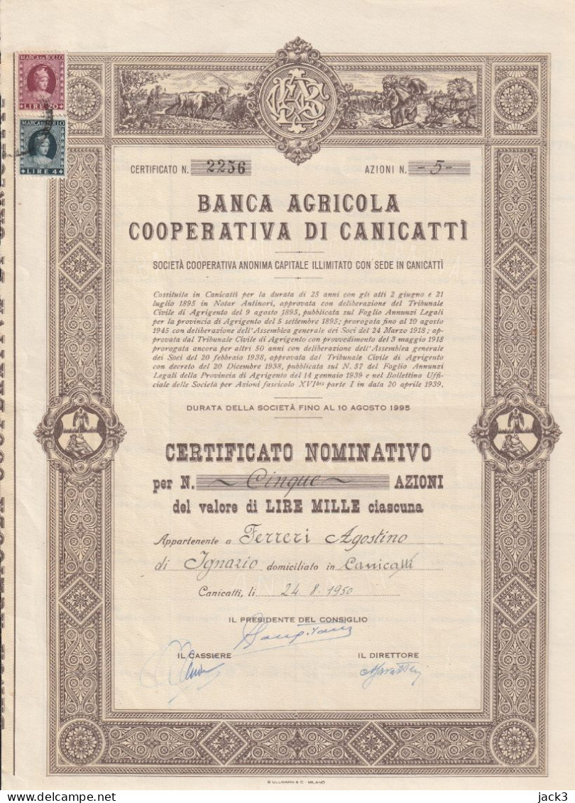 OBBLIGAZIONI - BANCA  AGRICOLA COOPERATIVA DI CANICATTI - Agricultura