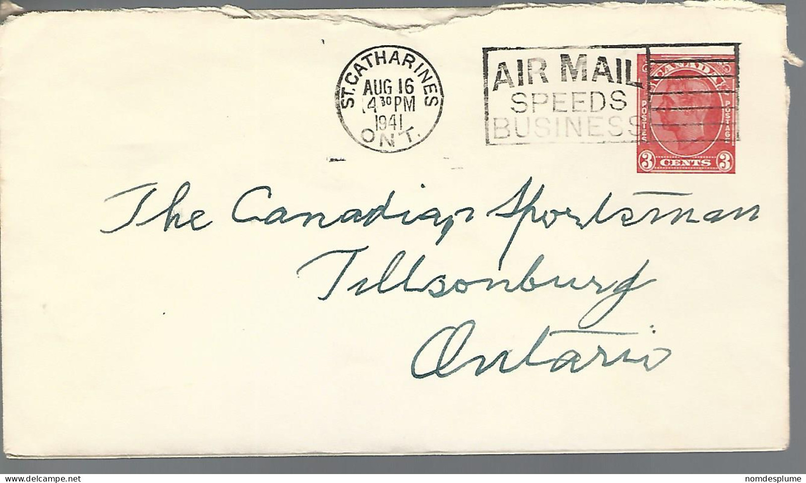 58616) Canada St Catharines Post Mark Cancel 1941 Air Mail Slogan Postal Stationery - 1903-1954 Reyes