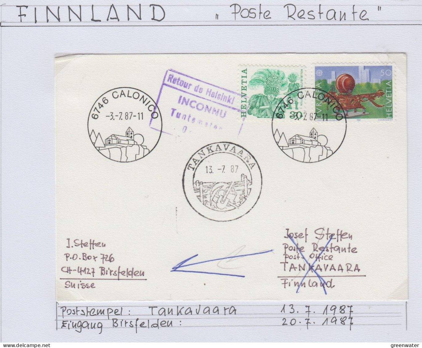 Finland 1987 Card Send From Switzerland To Tankavaara And Back Ca Tankavaara 13.7.1987 (BS196) - Briefe U. Dokumente