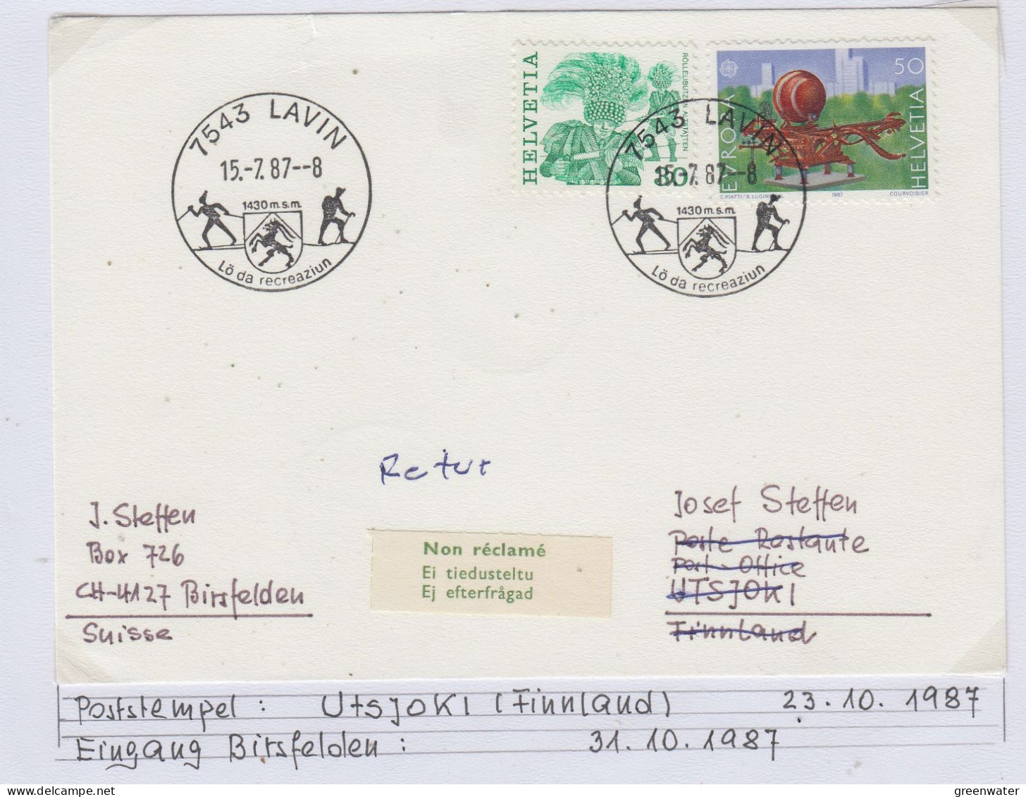 Finland 1987 Card Send From Switzerland To Utsjoki And Back Ca Utsjoki 23.10.1987 (BS196A) - Storia Postale