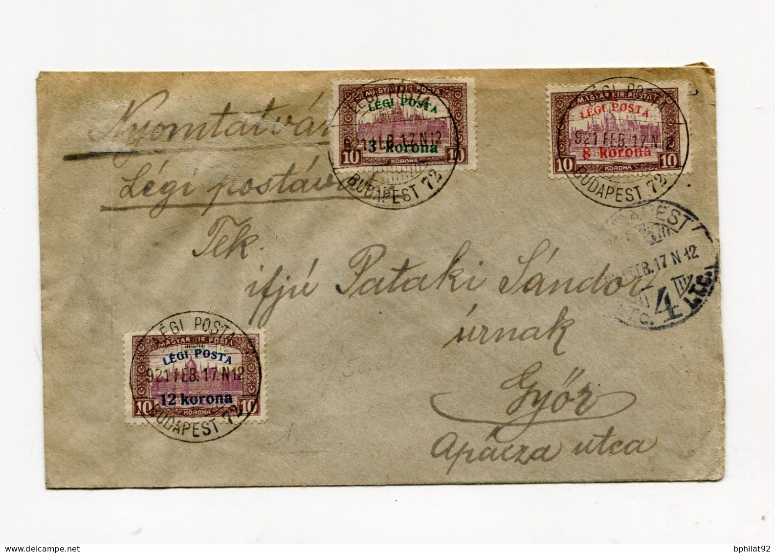 !!! HONGRIE, LETTRE DE BUDAPEST DE 1917 POUR GYOR - Poststempel (Marcophilie)