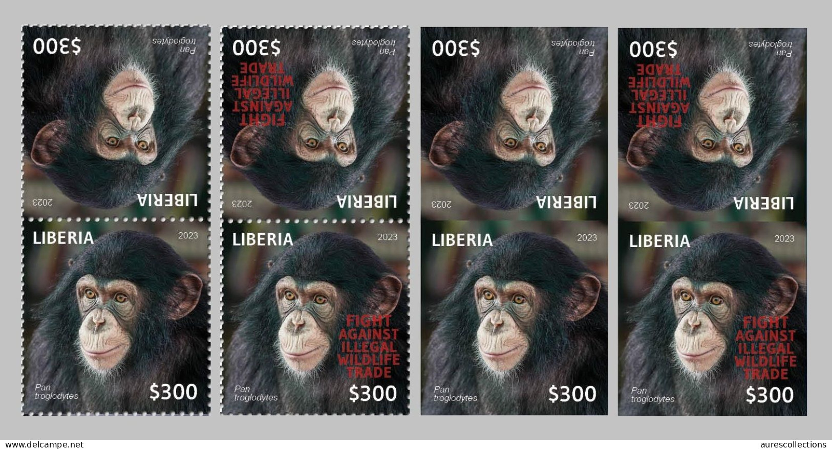 LIBERIA 2023 - TETE BECHE T-B PAIRS PERF & IMPERF (REGULAR & OVERPRINT) APES MONKEYS SINGES CHIMPANZEE CHIMPANZE MNH - Chimpansees