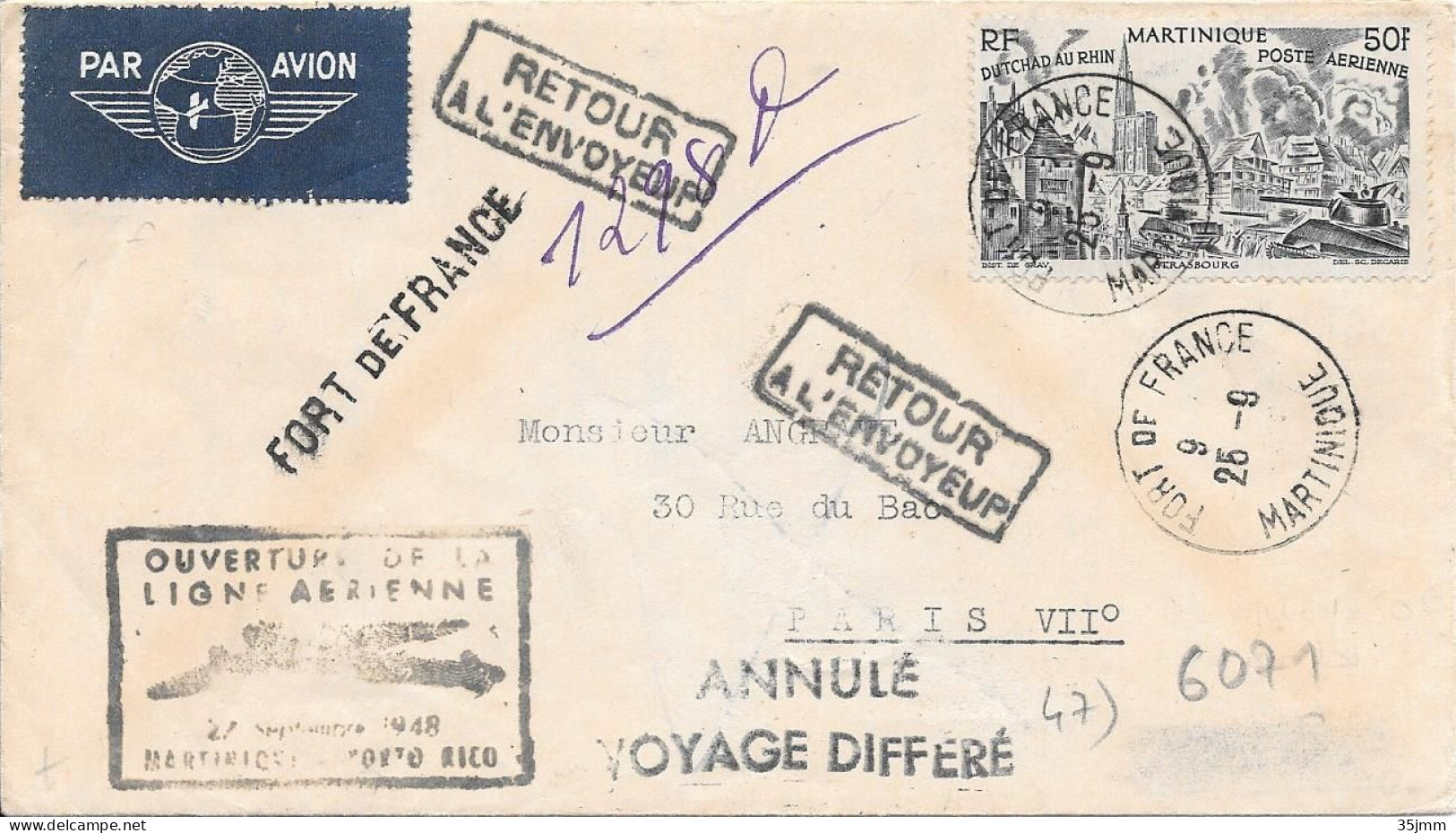 Martinique Lettre  Fort De France 1948 - Poste Aérienne