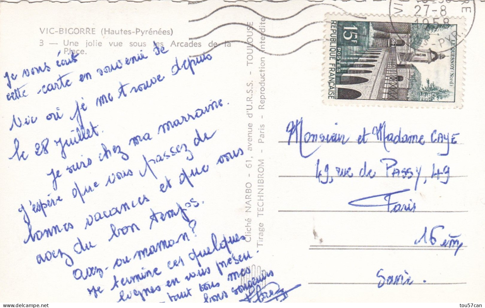 VIC SUR BIGORRE - HAUTES - PYRENEES  - (65) - CPSM DENTELEE DE1958..... BEL AFFRANCHISSEMENT POSTAL.. - Vic Sur Bigorre