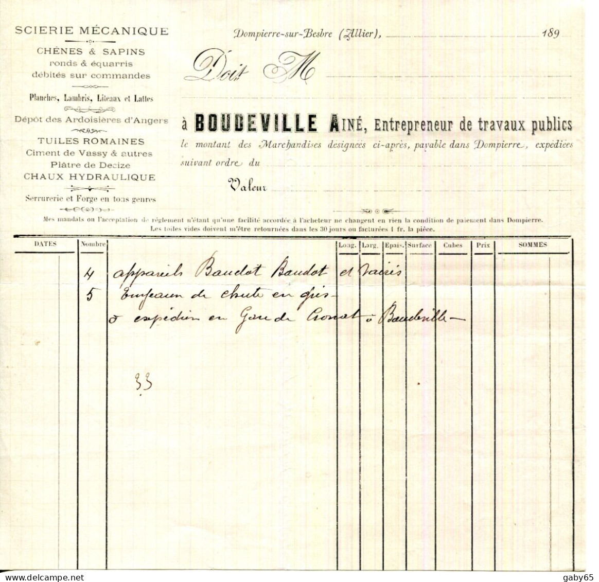 FACTURE.03.ALLIER.DOMPIERRE SUR BESBRE.CHÊNES & SAPINS RONDS & EQUARRIS.SCIERIE MECANIQUE.BOUDEVILLE AINE. - Old Professions