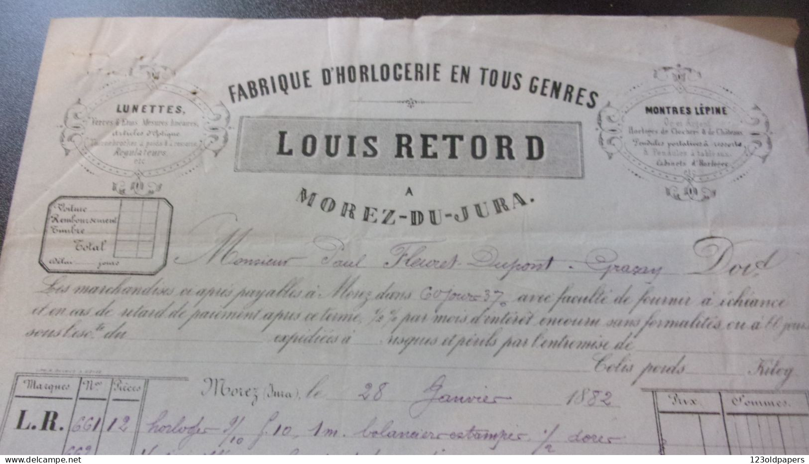 1882 LOUIS RETORD MOREZ DU JURA FABRIQUE HORLOGERIE  MONTRES - 1800 – 1899