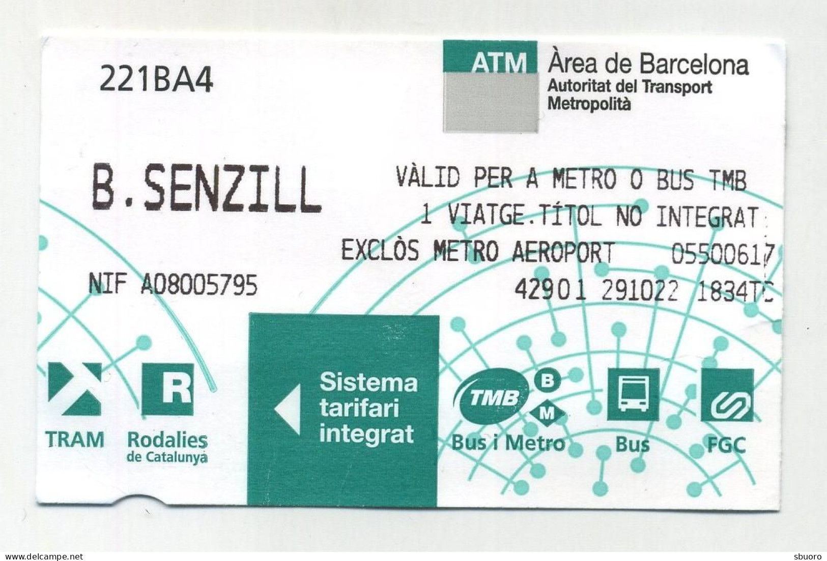 Ticket Simple Bus Métro Tram. Area De Barcelona. Autoritat Del Transport. B. Senzill. ATM. Sistema Tarifari Integrat - Europe