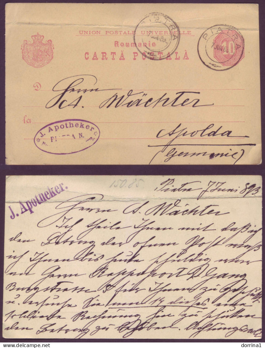 Romania Piatra Stationery Postcard To Germany 1893 J. APOTHEKER Folded - Covers & Documents