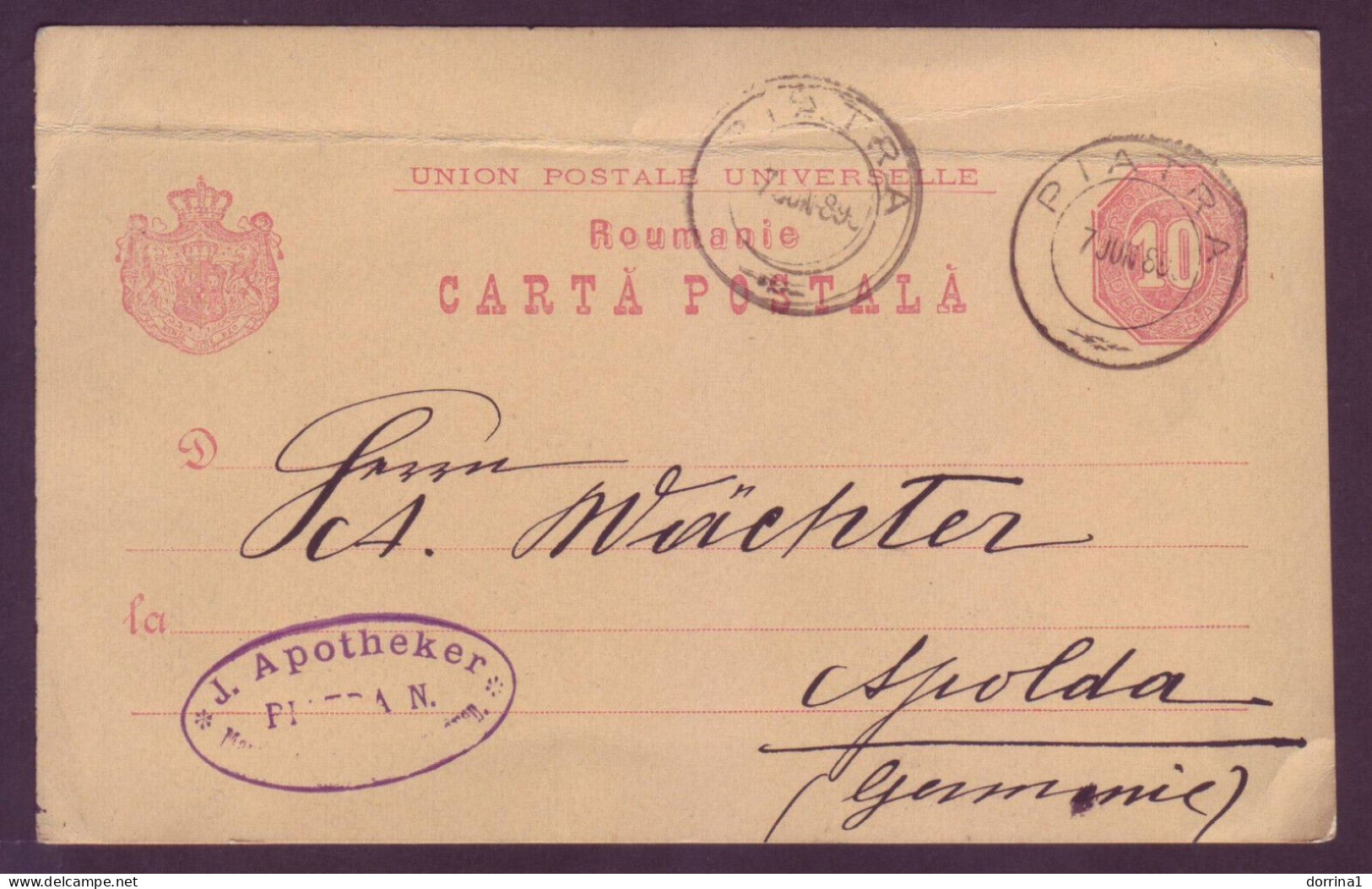 Romania Piatra Stationery Postcard To Germany 1893 J. APOTHEKER Folded - Covers & Documents