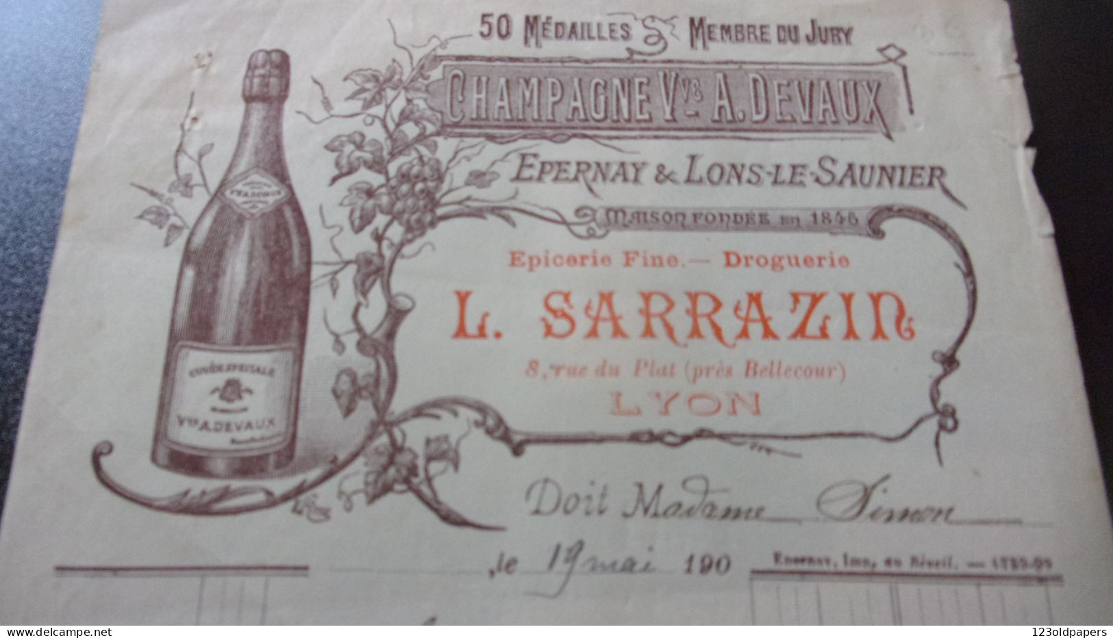 Veuve A. Devaux Lons-Le-Saunier  Epernay Champagne SARRAZIN LYON FACTURE - Lebensmittel