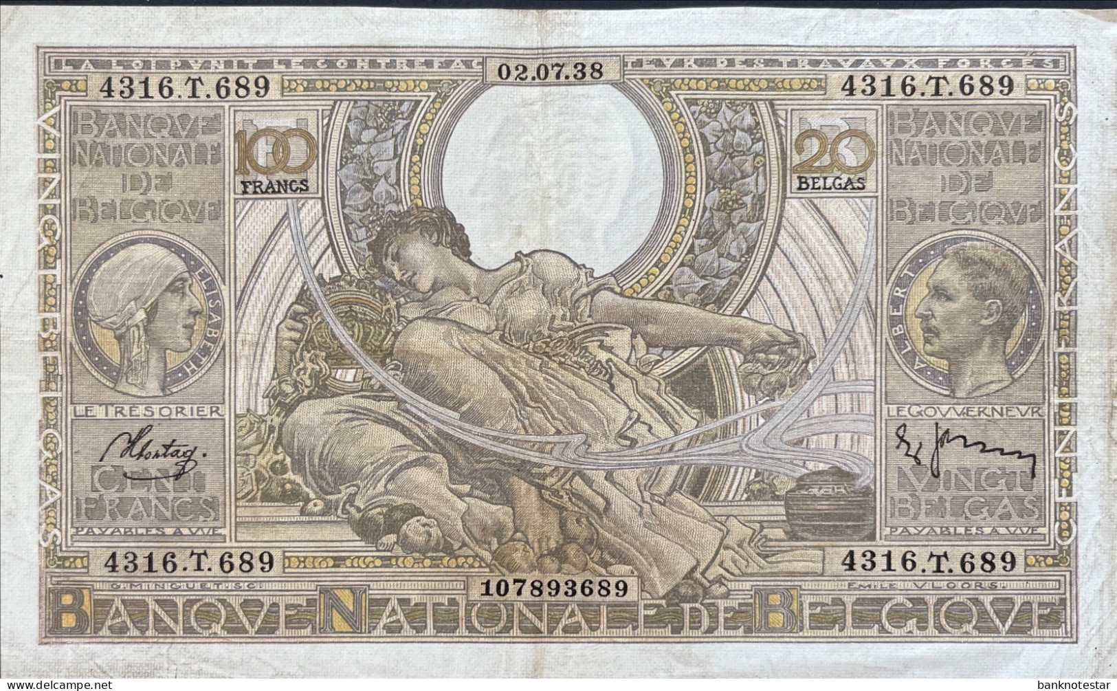 Belgium 100 Francs, P-107 (02.07.1938) - Very Fine - 100 Francos & 100 Francos-20 Belgas