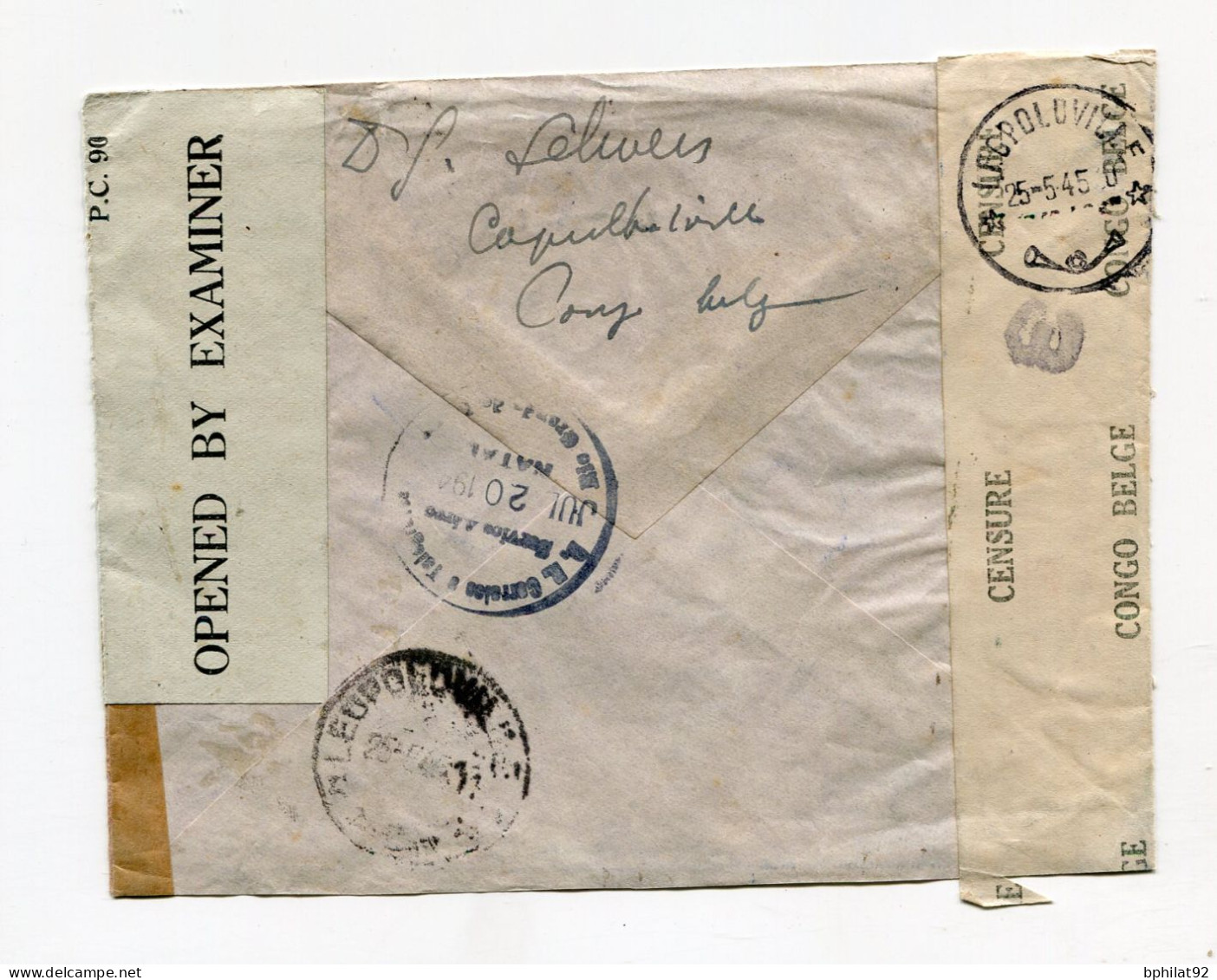 !!! CONGO BELGE, LETTRE PAR AVION DE COQUILHATVILLE POUR LE BRESIL DE 1945 AVEC CENSURES - Guerra 40 – 45 (Cartas & Documentos)