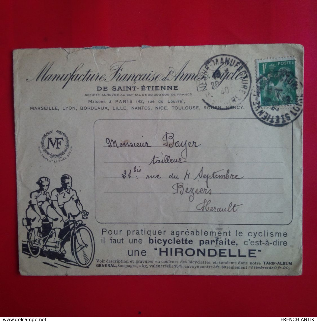 LETTRE SAINT ETIENNE MANUFACTURE FRANCAIS D ARMES CYCLE PUB VELO HIRONDELLE 1940 - Covers & Documents
