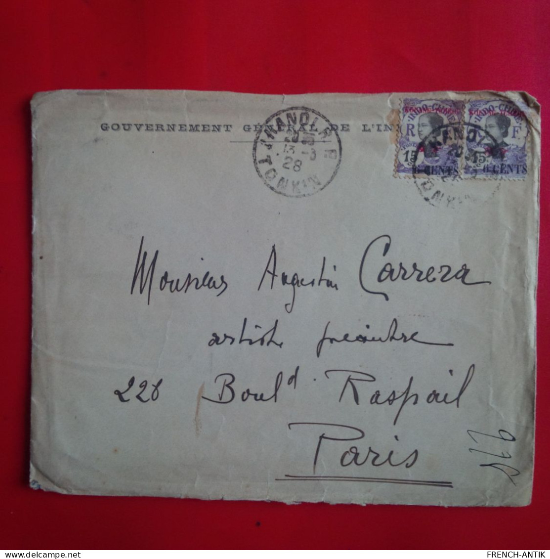 LETTRE HANOI POUR PARIS TIMBRE SURCHARGE KOUANG TCHEOU 1928 - Storia Postale