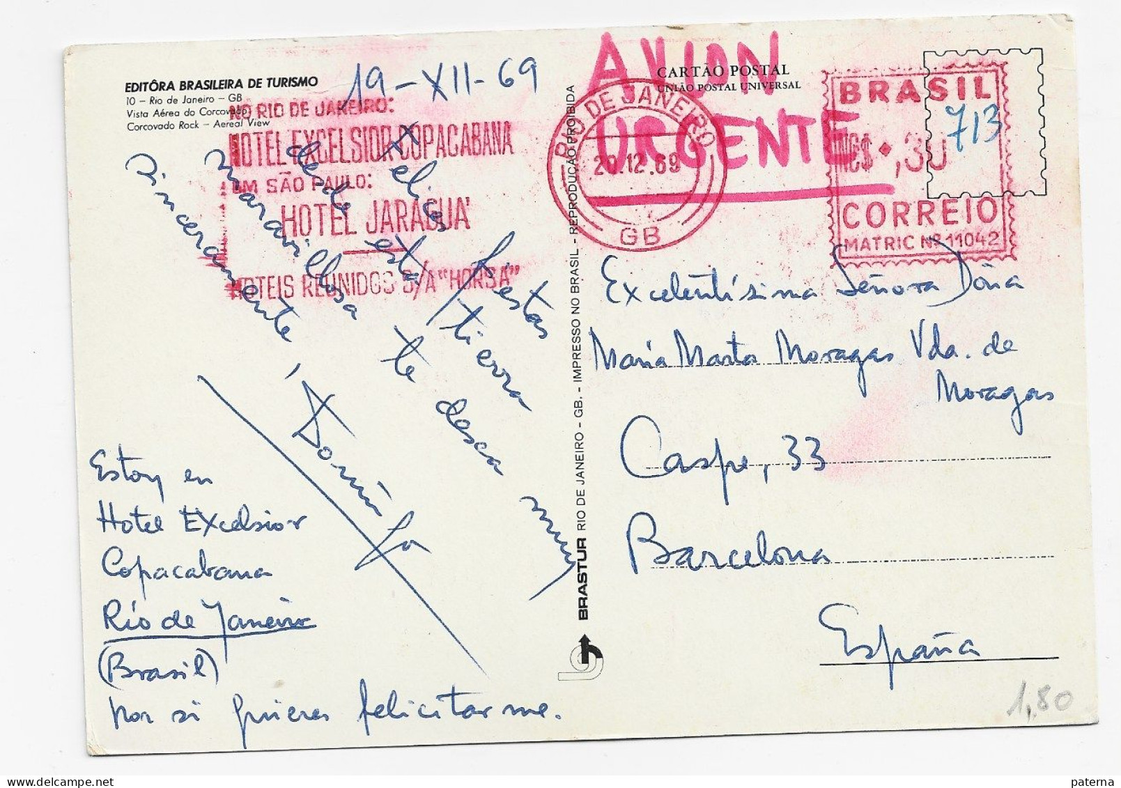 3771  Postal  Aérea , Urgente, Rio De Janeiro 1969, Brasil , Hotel Excensior Capacabana, Hotel Jaragua , - Briefe U. Dokumente