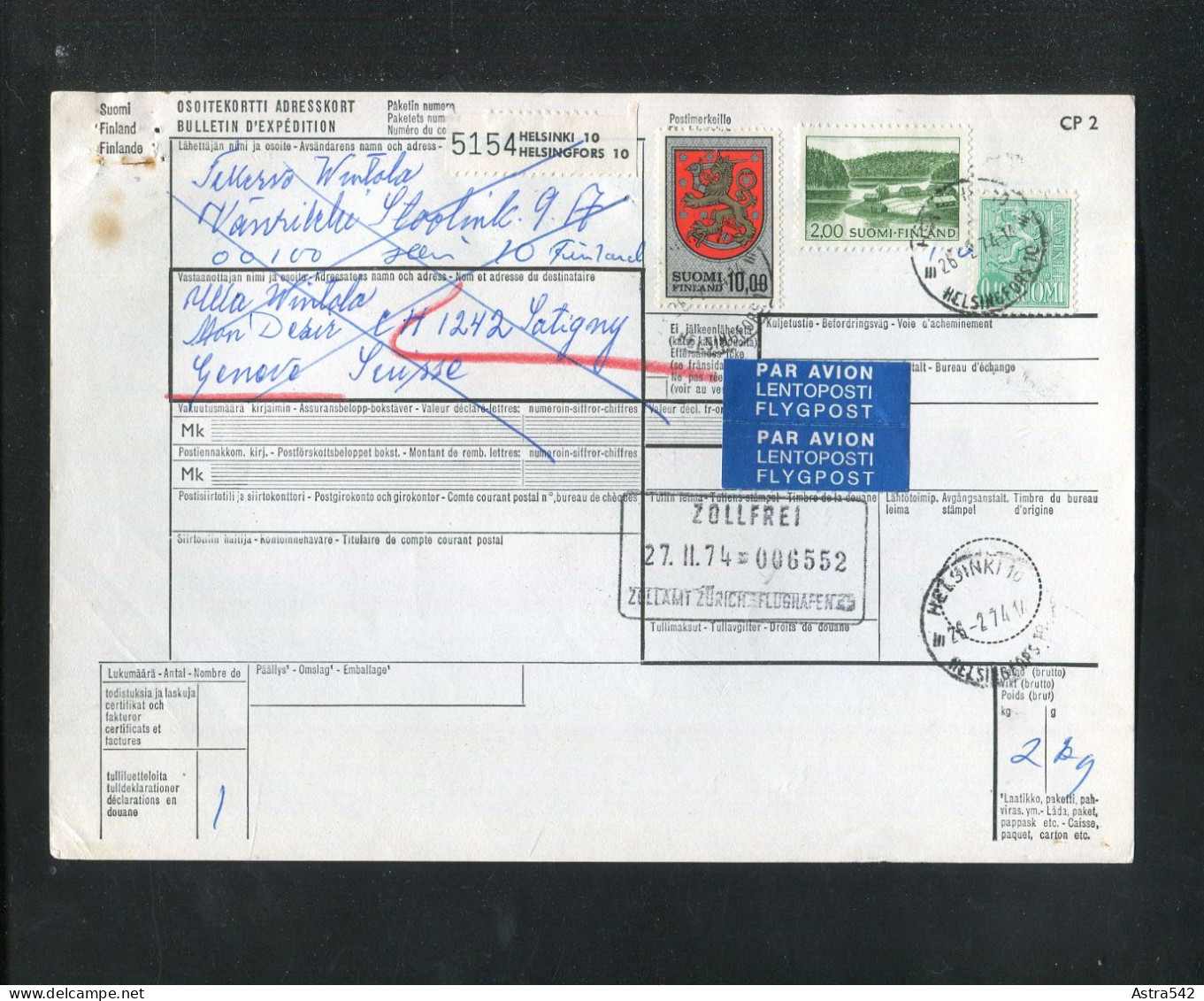 "FINNLAND" 1974, Auslandspaketkarte Ex Helsinki In Die Schweiz, Frankatur ! (12795) - Cartas & Documentos