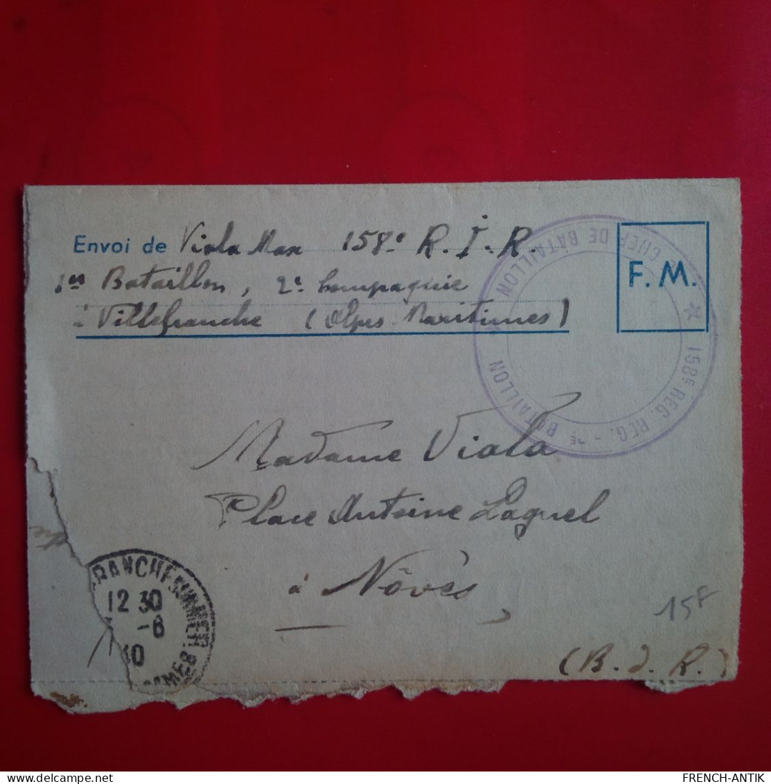 LETTRE VILLEFRANCHE POUR NOVES CACHET MILITAIRE 158E REGIMENT - Storia Postale