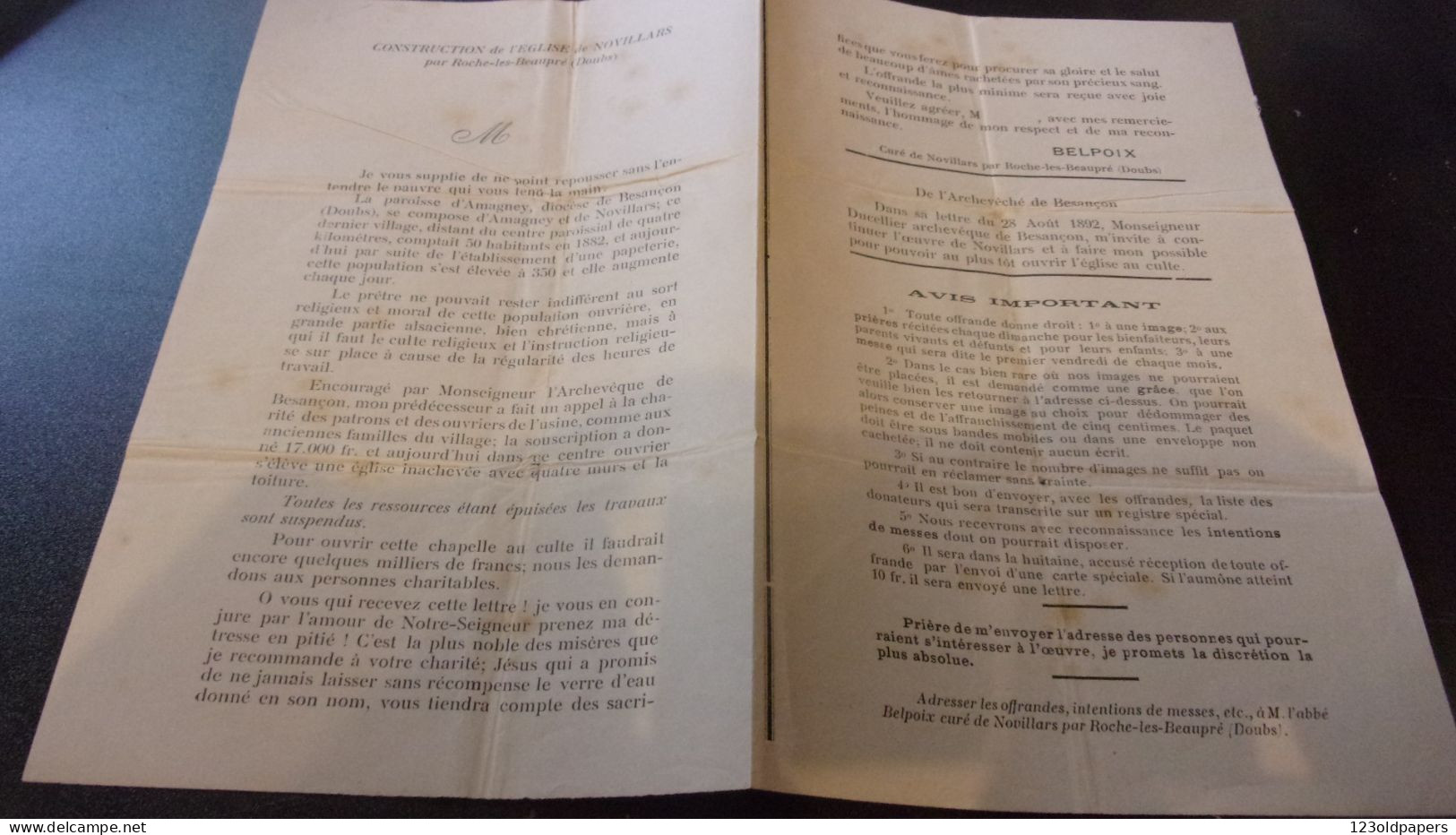 DOUBS 1892 CURE BELPOIX APPEL POUR CONSTRUCTION EGLISE DE NOVILLARS PAR ROCHE LES BEAUPRE AMAGNEY - Historical Documents