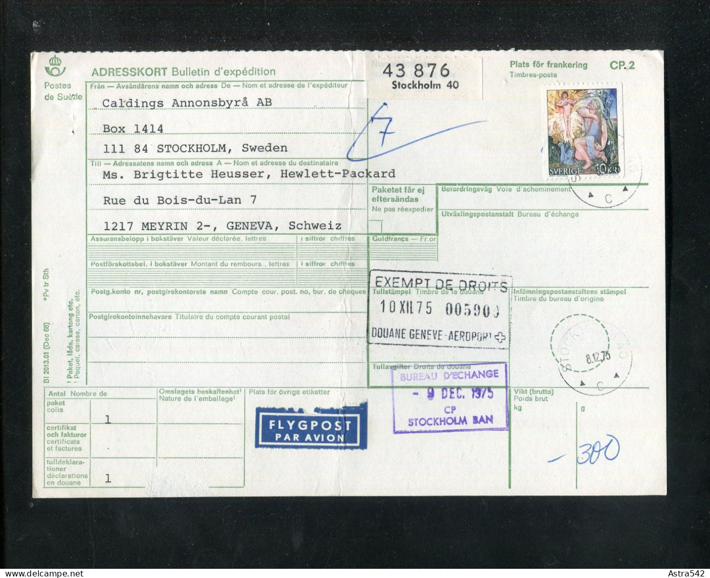 "SCHWEDEN" 1975, Auslandspaketkarte Ex Stockholm In Die Schweiz, Frankatur ! (12813) - Cartas & Documentos