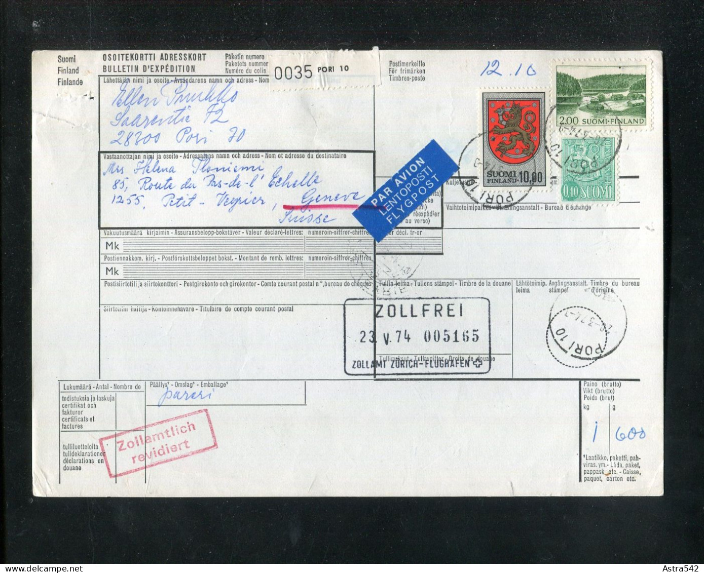 "FINNLAND" 1974, Auslandspaketkarte Ex PORI In Die Schweiz, Frankatur ! (12821) - Lettres & Documents