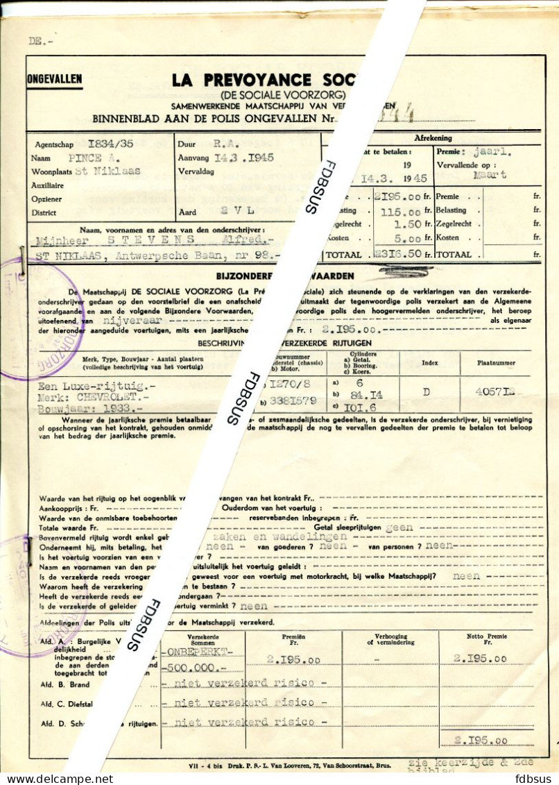 1945 DE SOCIALE VOORZORG SV - Automobiel Verzekering Merk Chevrolet Bouwjaar 1933 - - Bank & Insurance