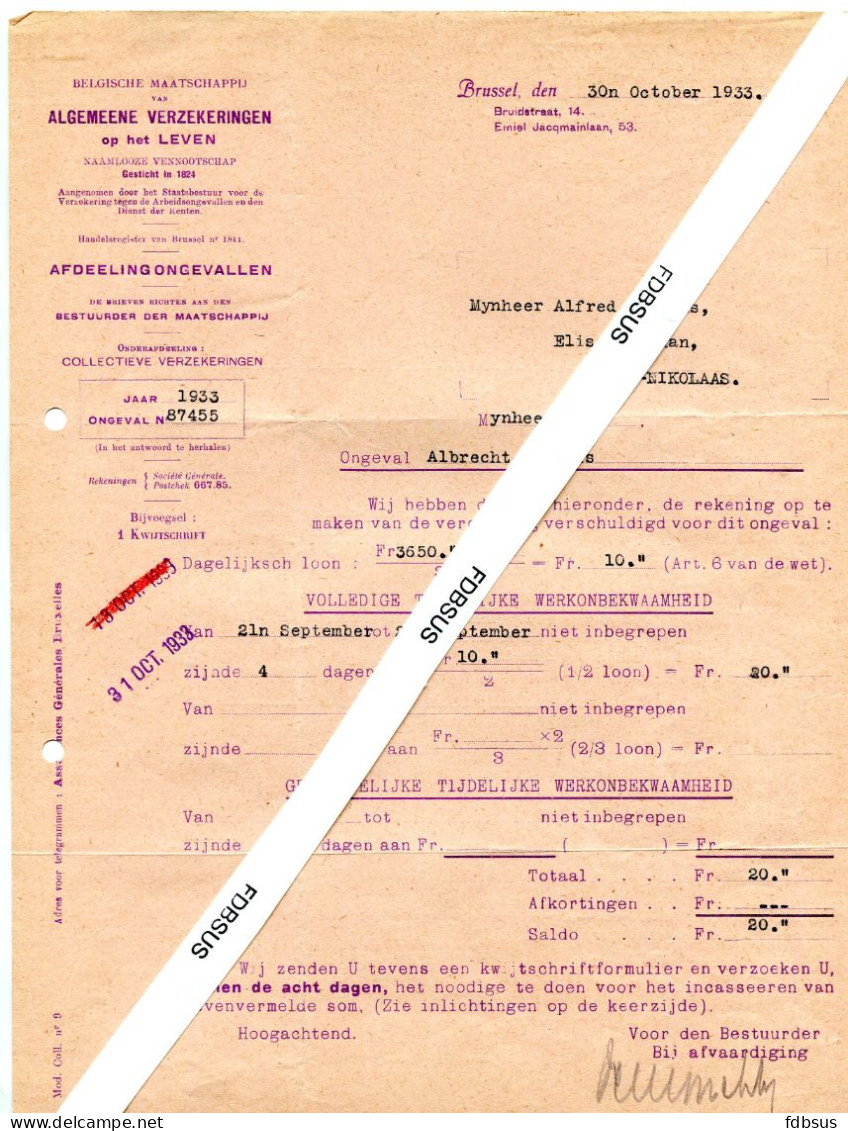 1933/35 4 Formulieren Van ALGEMEENE VERZEKERINGEN OP HET LEVEN - NV Brussel - Ongeval Vergoedingen - Bank & Versicherung
