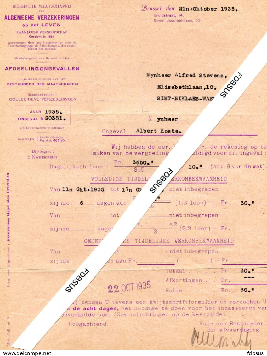 1933/35 4 Formulieren Van ALGEMEENE VERZEKERINGEN OP HET LEVEN - NV Brussel - Ongeval Vergoedingen - Bank & Insurance