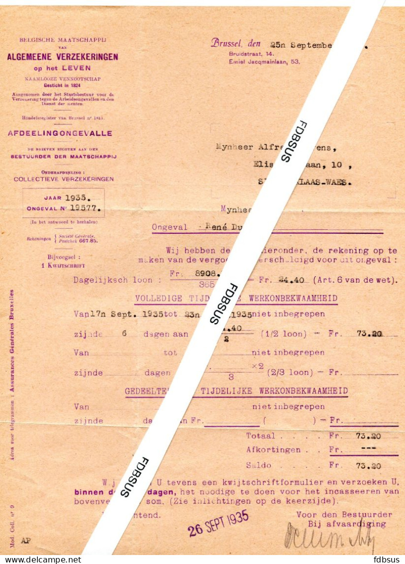 1933/35 4 Formulieren Van ALGEMEENE VERZEKERINGEN OP HET LEVEN - NV Brussel - Ongeval Vergoedingen - Bank En Verzekering