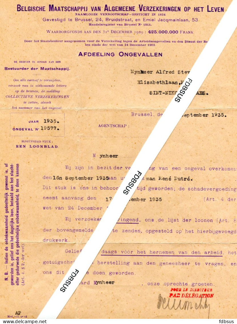 1933/35 3 Formulieren BELGISCHE MAATSCHAPPIJ VAN ALGEMEENE VERZEKERINGEN OP HET LEVEN - Afdeeling Ongevallen - Banco & Caja De Ahorros