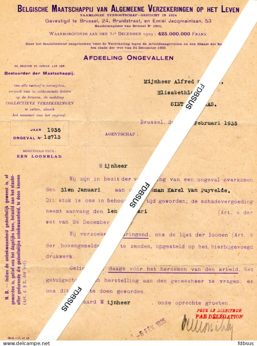 1933/35 3 Formulieren BELGISCHE MAATSCHAPPIJ VAN ALGEMEENE VERZEKERINGEN OP HET LEVEN - Afdeeling Ongevallen - Bank En Verzekering