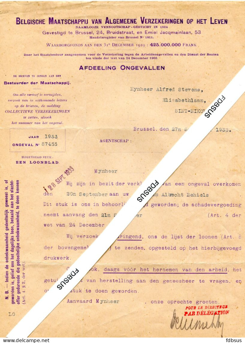 1933/35 3 Formulieren BELGISCHE MAATSCHAPPIJ VAN ALGEMEENE VERZEKERINGEN OP HET LEVEN - Afdeeling Ongevallen - Banco & Caja De Ahorros