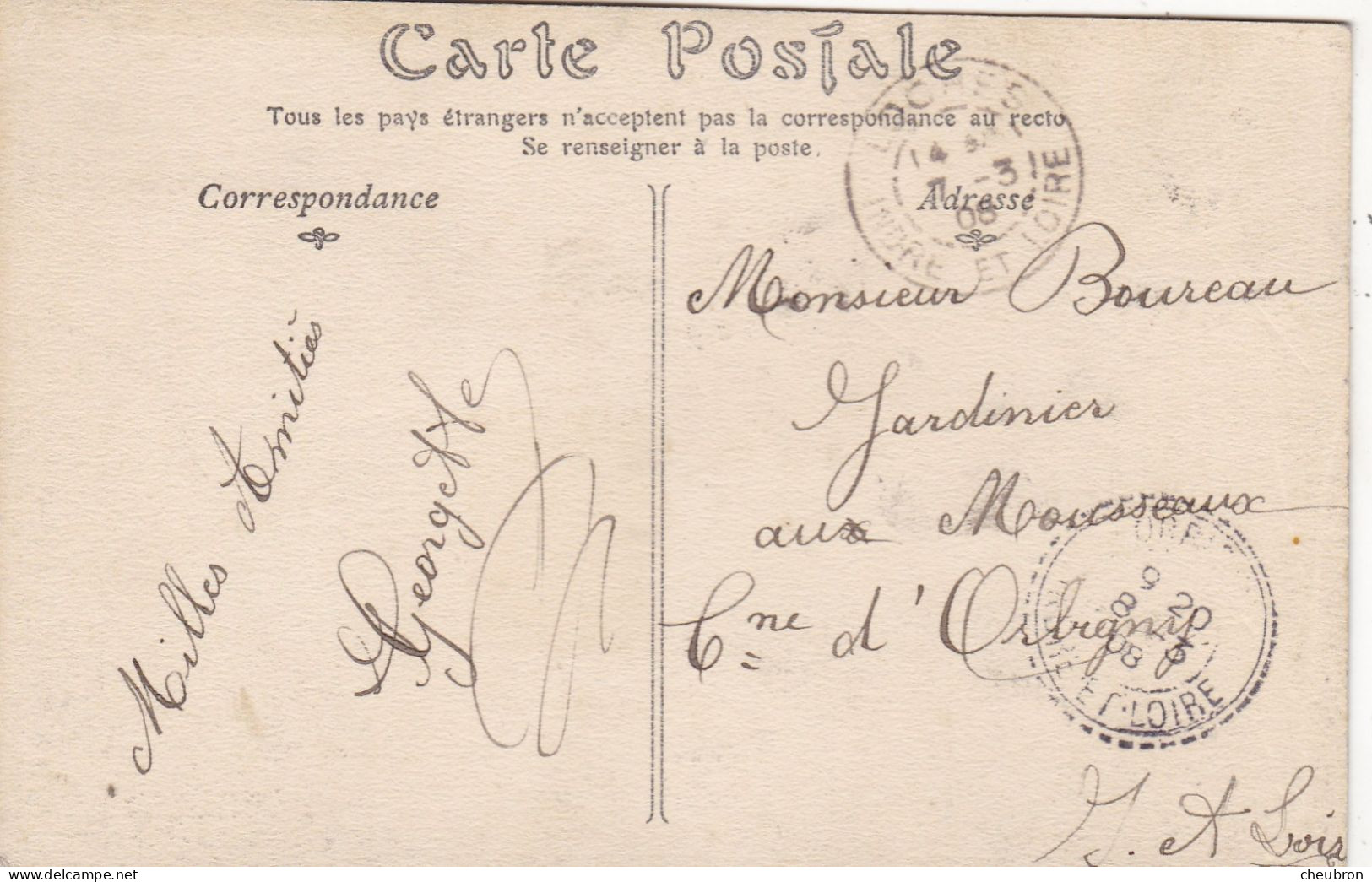 37. GENILLE . CPA. CHATEAU " LA BOURDILLIERE " .ANNEE 1906. + TEXTE - Genillé