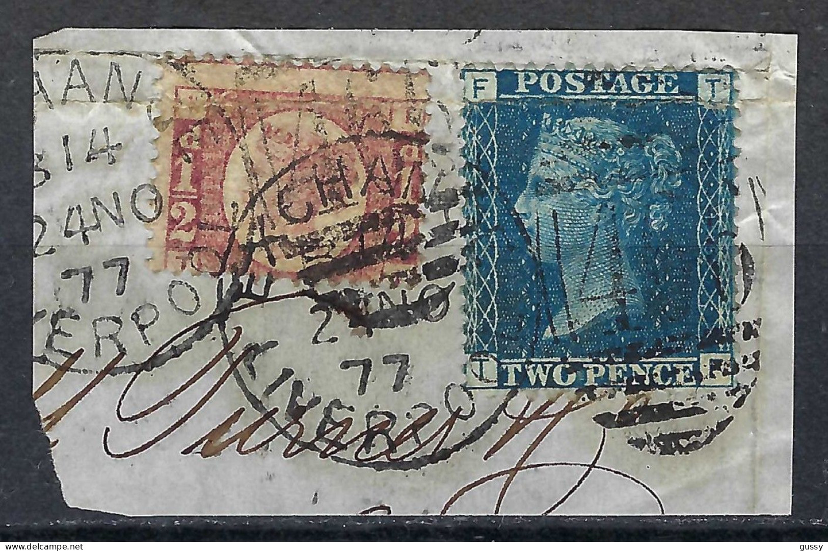 GRANDE BRETAGNE 1877:  Les Y&T 27,49, Obl. Duplex "466" (Liverpool) Sur Fragment - Used Stamps