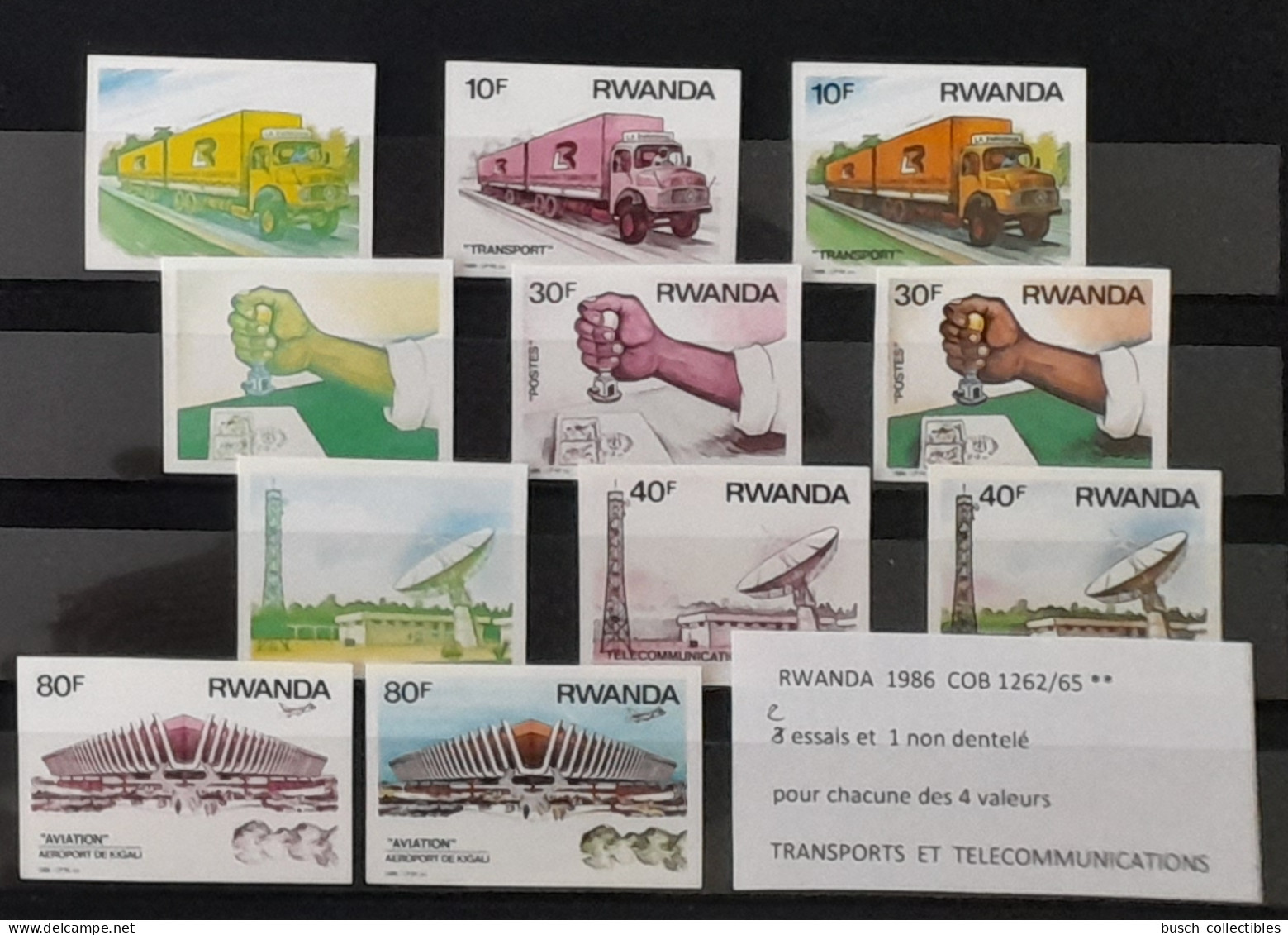 Rwanda 1986 COB 1262 - 1265 Color Proofs Essais Couleur IMPERF ND Transports Télécommunications Truck Airplane Camion - Aviones