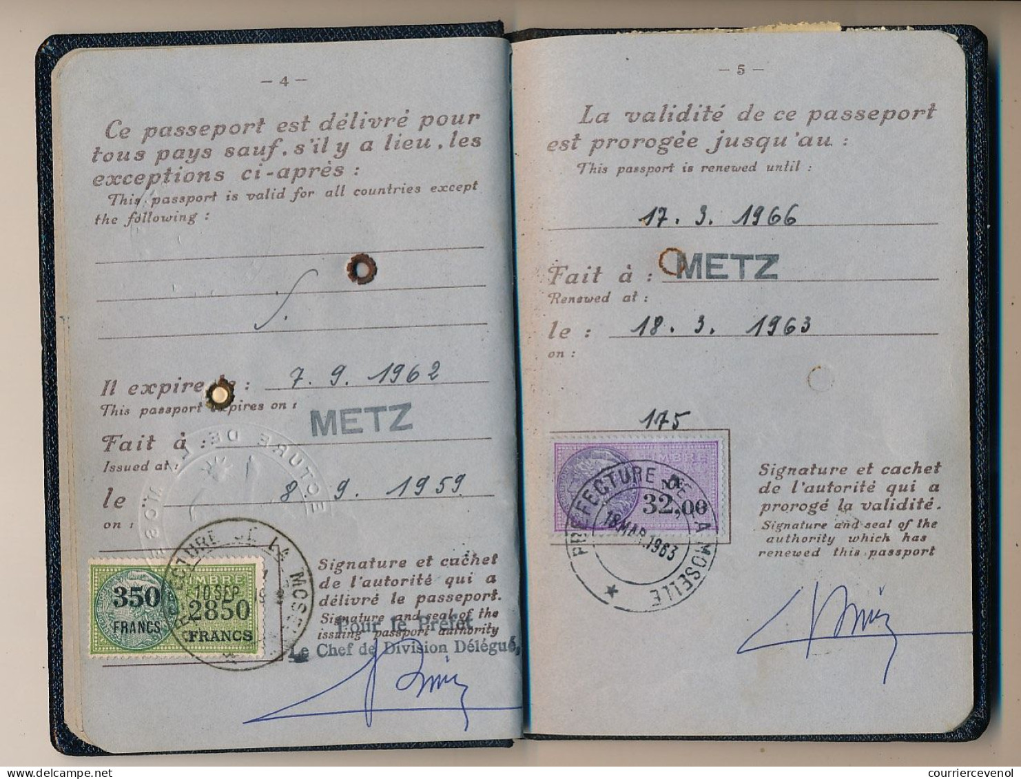 FRANCE - Passeport Préfecture Moselle 1959/1953, Visas USA, IRAN, HONK-KONG - Fiscaux France, Iran, Grande Bretagne - Storia Postale