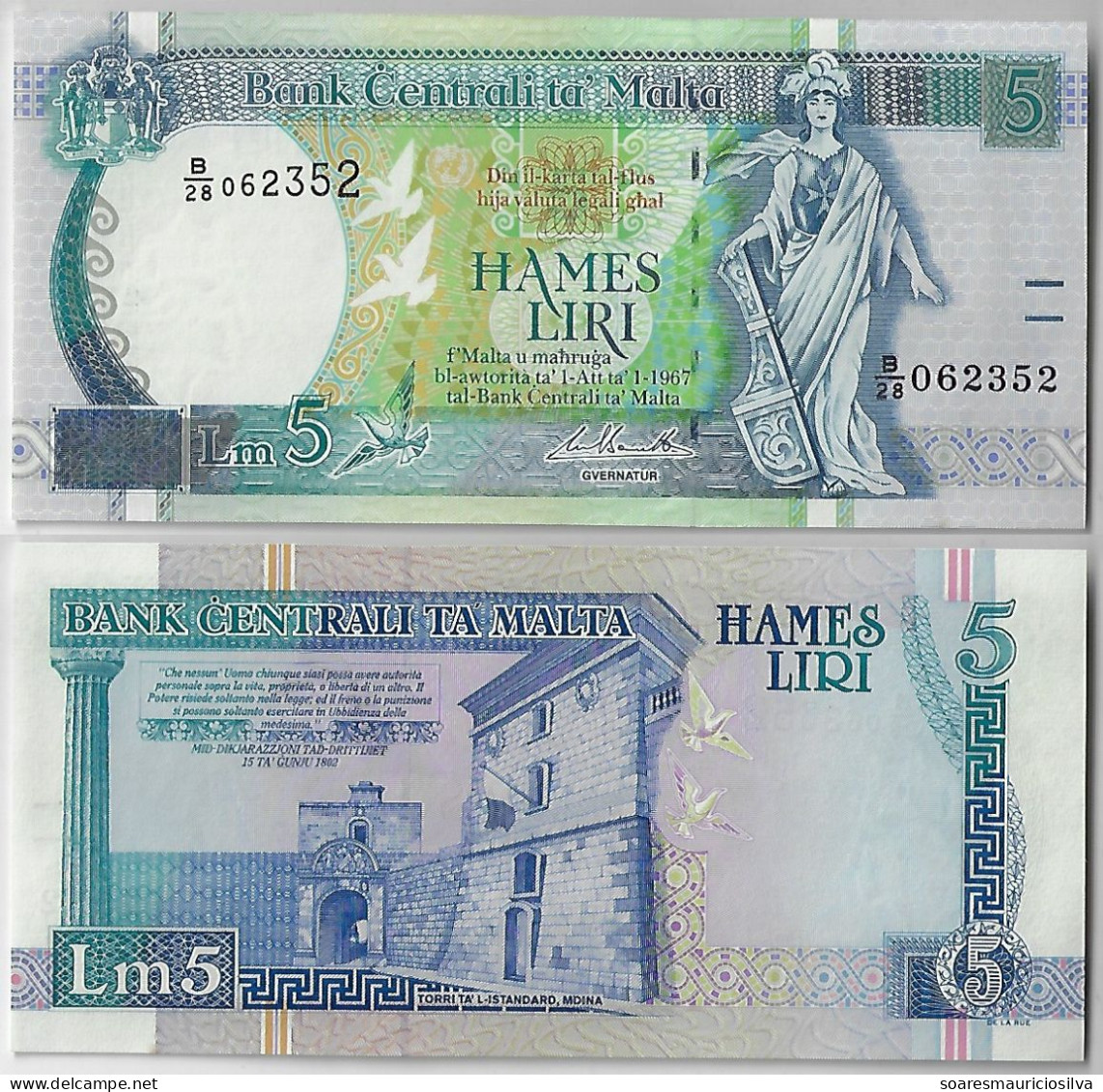 Banknote Malta 5 Liri 1994 Pick-46d Uncirculated (catalog US$45) - Malta